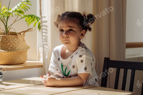 Preview: Portrait of a cute little girl with two ponytails sitting at home at the table.