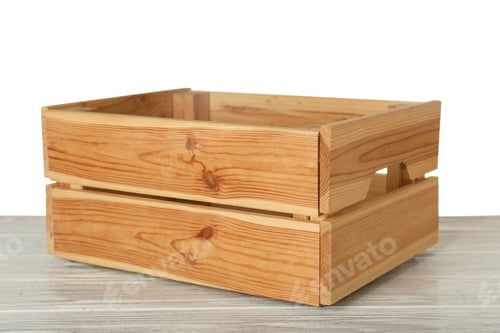 Preview: Empty rustic wooden crate on table against white background