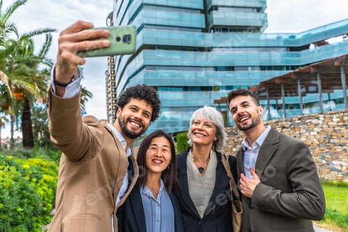 Preview: Diverse business people taking selfie outside a financial building