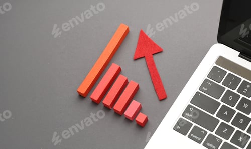 Preview: Colorful bar graph with arrow pointing upwards. Business, market growth and progress
