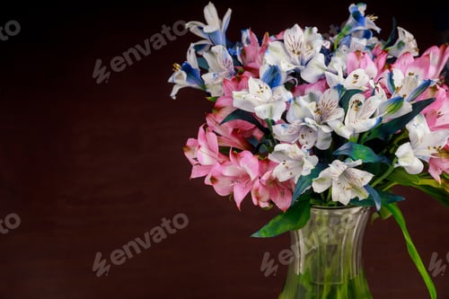 Preview: Alstroemeria flowers in glass vase on dark background.