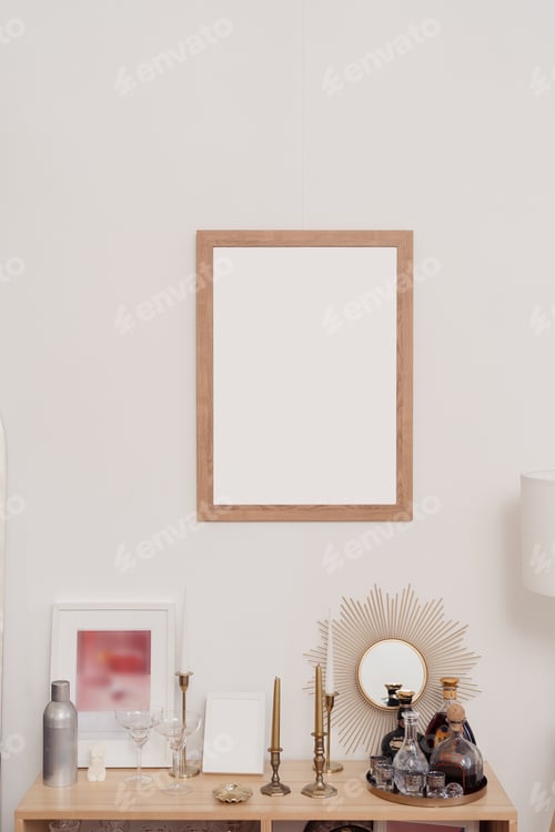 Preview: Home decor. Beautiful Mockup with picture on white wall