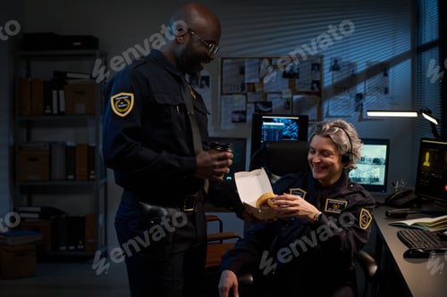 Preview: Young Black Man Giving Coffee to Caucasian Woman Police Officer Smiling