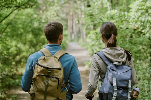 Preview: Young Adult Caucasian Man and Woman Walking Together Along Forest Trail