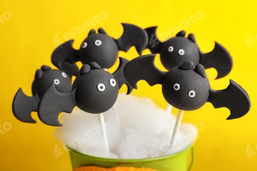 Preview: Delicious bat shaped cake pops on yellow background, closeup. Halloween treat