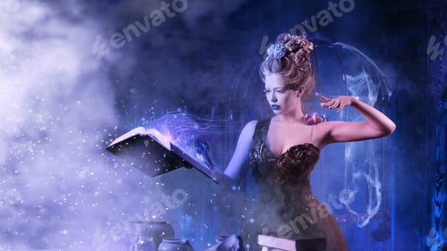 Preview: Snow Queen. Mystic woman use Spell book fight with cold and snow, conquer winter Winter's fairytale