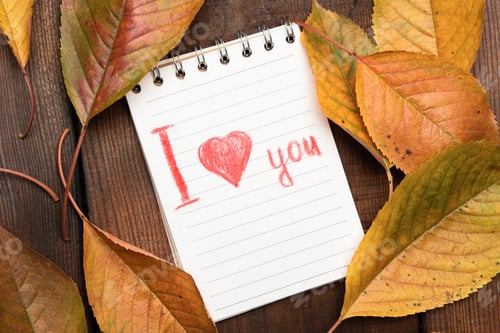 Preview: Open notebook with white sheets and yellow cherry leaves on brown wooden background