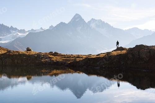 Preview: Tourist admires Monte Bianco range from Lac de Cheserys