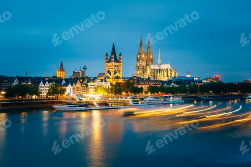 Preview: Great St. Martin Church And Dom In Cologne At Evening With Refle