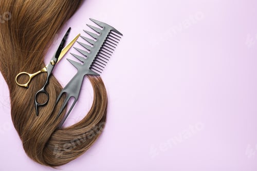 Preview: Beautiful brown hair, scissors and comb on light violet background, top view. Space for text