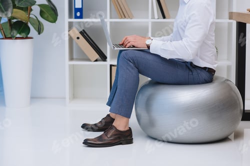 Preview: cropped shot of businessman working with laptop while sitting on fit ball
