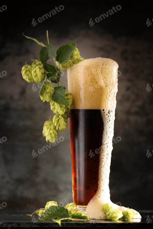 Preview: Glass of dark beer with hops around on a dark background