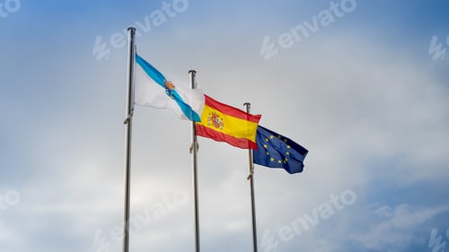 Preview: Galician, Spanish and European flag in the court of Pontevedra