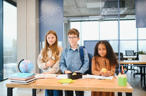 Preview: Multiracial schoolchildren having lunch at the desk during a break in school