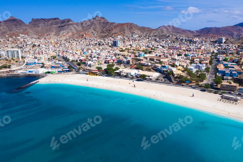 Preview: Aerial view of Laginha beach in Mindelo city in Sao Vicente Island in Cape Verde