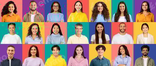 Preview: A cheerful and dynamic assemblage of people with glowing smiles, donning a range of colorful attire