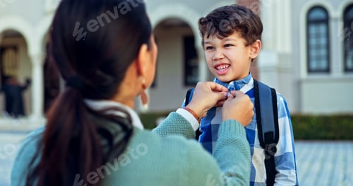 Preview: Mother, boy and education with backpack, excited and help with school, new day and knowledge. Outdo
