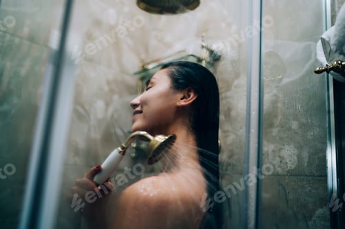 Visualização: Mulher nua e despreocupada tomando banho durante a manhã para cuidar do corpo e refrescar a hidratação,