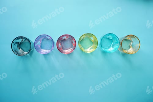 Preview: top view of empty drinking glasses on blue background