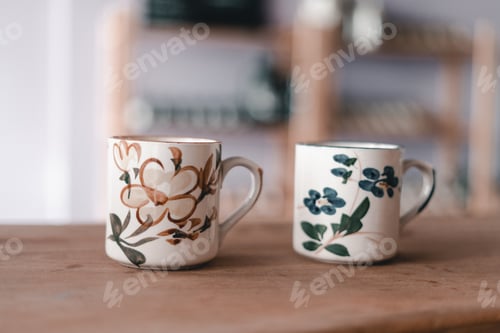 Preview: two porcelain cups side by side of the same size decorated with neat flowers on a brown wooden table