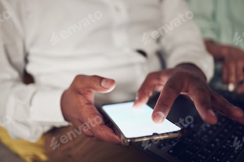 Preview: Phone screen, mockup and hands of business person reading online article, media news or texting bus