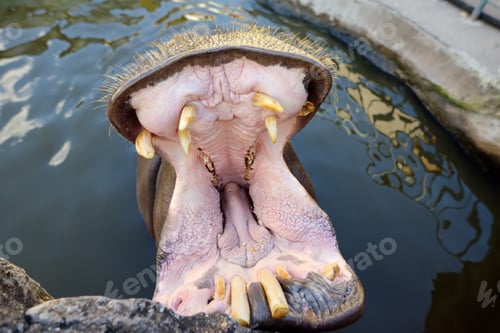 Preview: Africa angry hippo is on the water. Hippopotamus amphibius with a wide open mouth