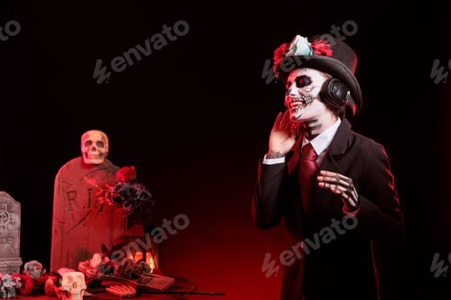 Preview: Jolly woman dancing at Day of the Dead event to remember the deceased