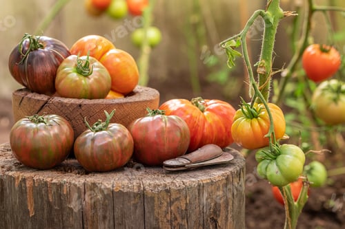 Preview: Ripe and red tomatoes in greenhouse in summer.