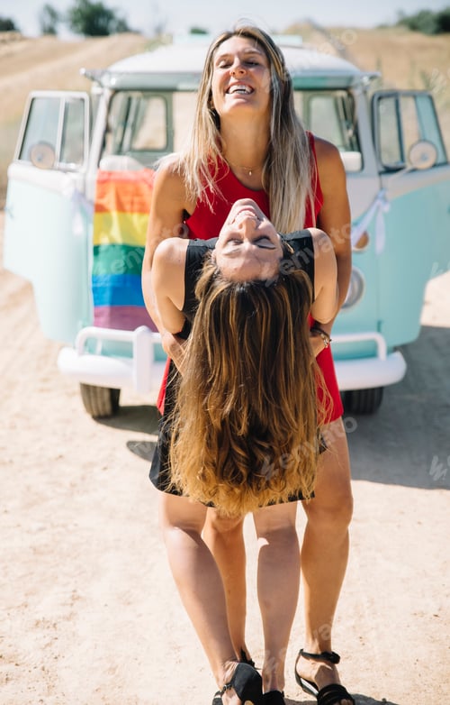 Preview: Two happy lesbian women in the old van
