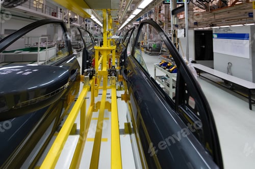 Preview: car door on conveyor. Robotic equipment makes Assembly of car. Modern car Assembly at factory