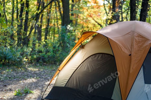 Preview: Morning sunlight on tent at campground in autumn