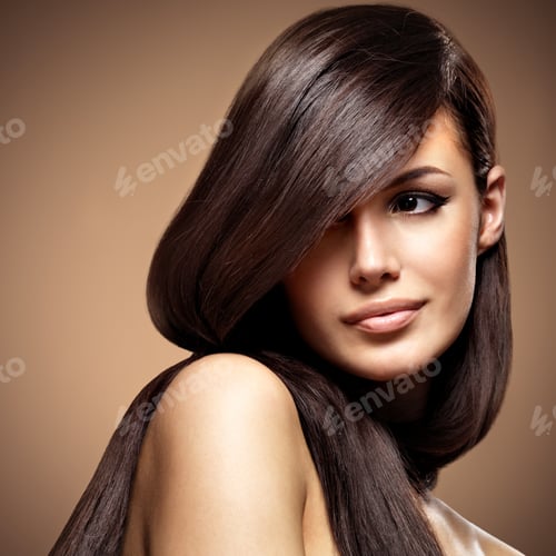 Preview: Beautiful young woman with long straight brown hair.