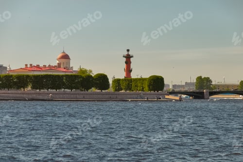 Preview: River Neva, Vasilyevsky Island and rostral columns in St. Petersburg in summer