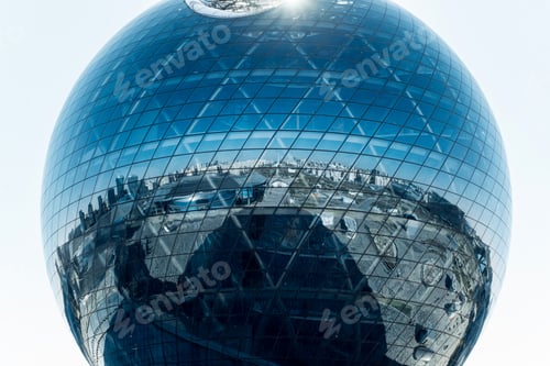 Preview: Close up big glass blue sphere Expo 2017, modern futuristic architecture ball on a sunny day