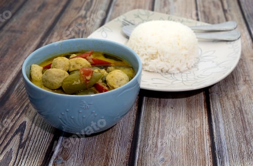 Preview: Green Curry With Fish Balls And Steamed Rice On A Wooden Table