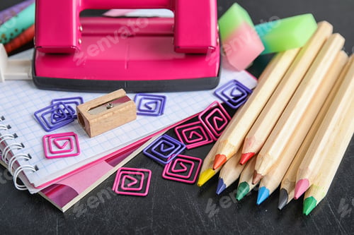 Preview: Different colorful stationery on chalkboard surface. Back to school