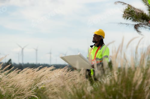 Preview: Front view of an engineer wearing a safety vest and a yellow helmet while standing in a field
