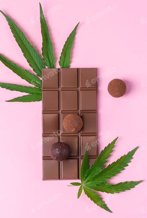 Preview: Chocolate whole bar candy cannabis leaf of fresh cannabis on pink background