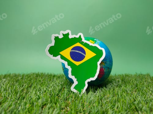 Preview: Brazil flag sticker is on a green field with a blurred globe behind it.