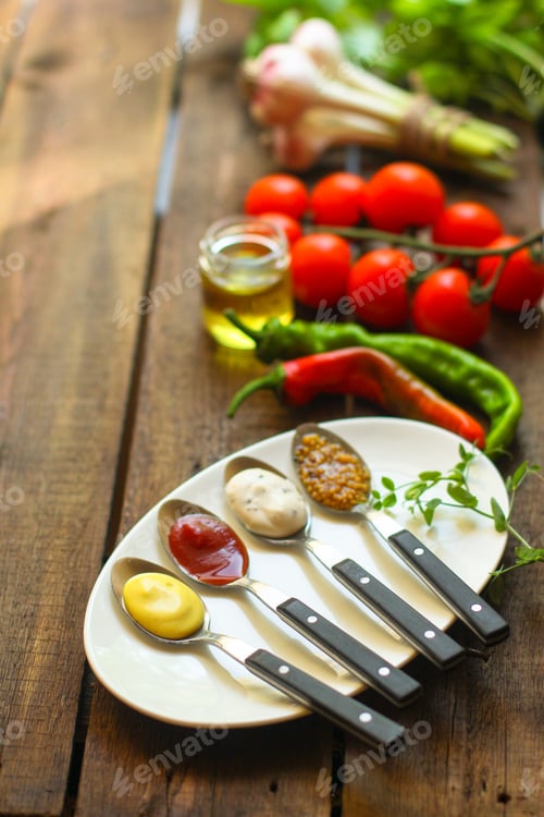 Preview: Sauces, Portion Serving (Ingredients And Dressing To Dishes). Top View. Copy Space