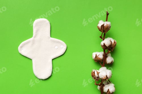 Preview: set of colorful bright reusable menstrual pads with cotton flower.