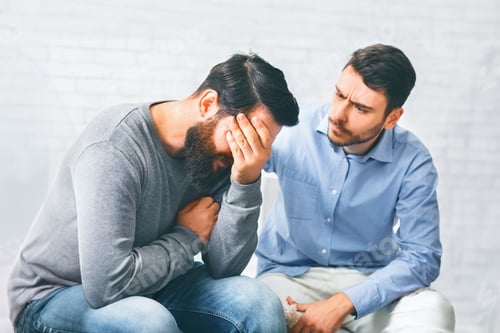 Preview: Group members comforting crying addicted man at rehab session