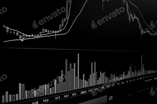Preview: Candle stick graph charts on black screen monitor