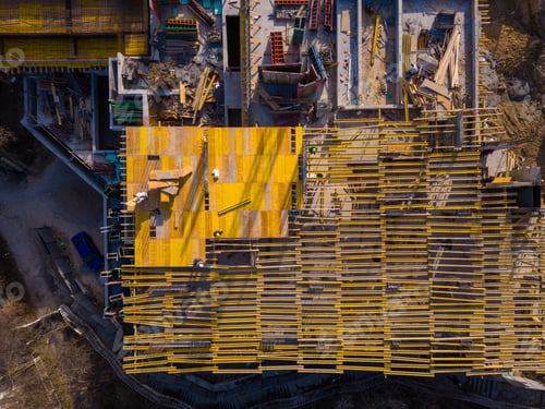 Preview: Busy Construction Site and Construction Equipment on the sea coast Aerial view