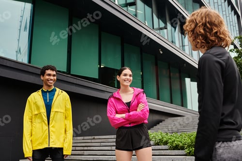 Preview: Friends engage in lively conversation while dressed for an energetic outdoor workout session