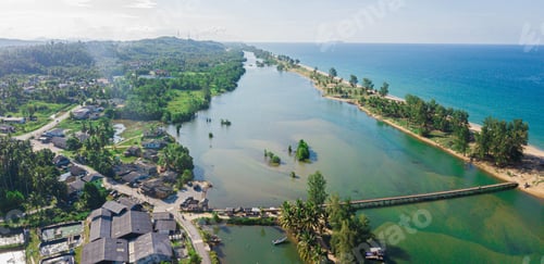 Preview: Panoramic aerial drone view of river and sea in Pantai Angin Berbisik, Marang, Terengganu, Malaysia