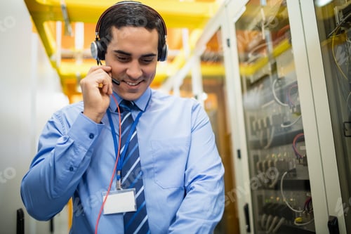 Preview: Technician Talking On Head Phones While Working In Server Room