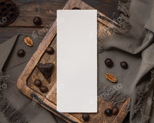 Preview: Vertical card on wooden tray near brown decor and grey linen cloth top view, boho mockup