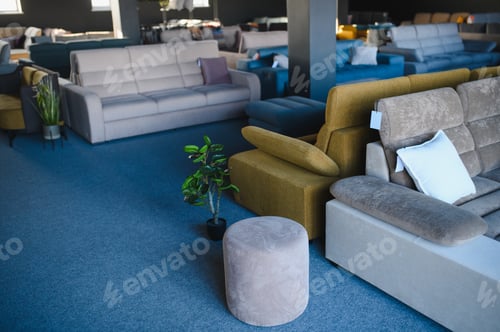 Preview: Furniture store showroom displaying various modern sofas
