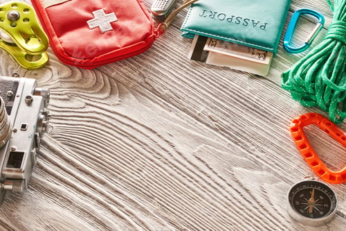 Preview: Travel items for hiking over wooden background